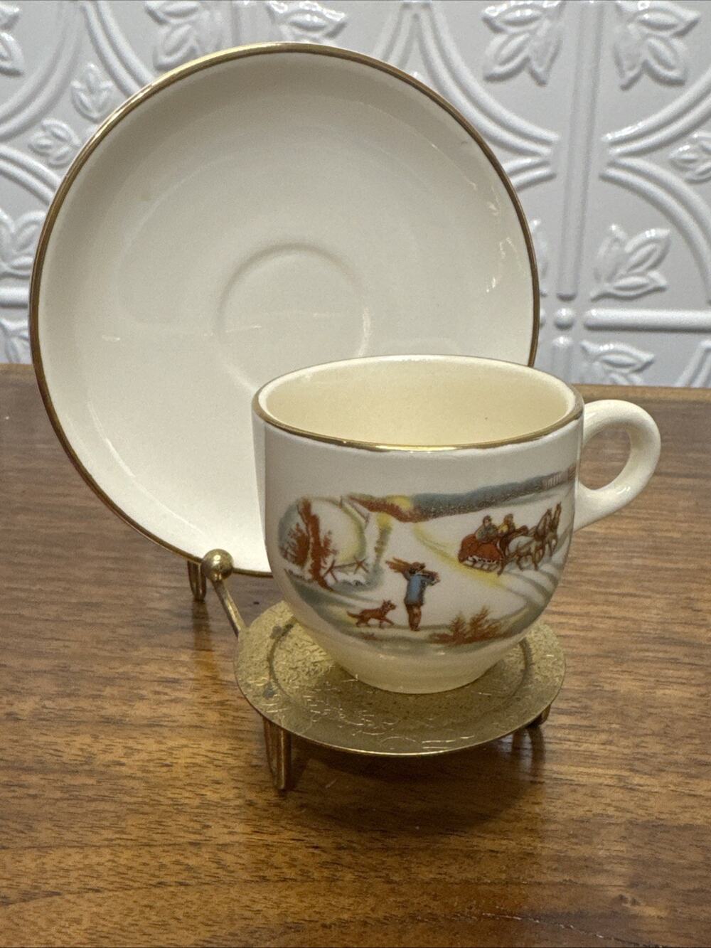 USA Demitasse Cup Saucer Currier & Ives With Display Stand Holder